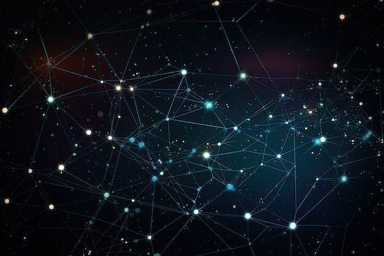 Abstract visualization of a neural network or interconnected data nodes representing artificial intelligence and machine learning connections on a dark background.