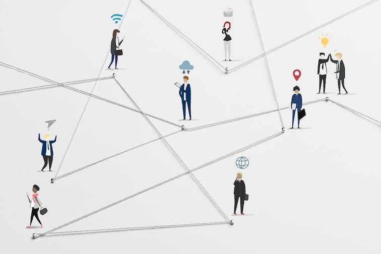Illustration of connected business figures with string network – representing cloud technology, remote work, digital communication, and global collaboration