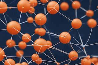 A complex network of interconnected orange spheres symbolizing neural networks, systems thinking, artificial intelligence, and collaborative organizational structures.