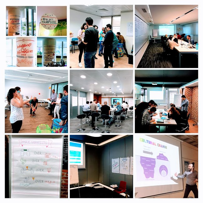 Bir dizi karede farklı kurumsal eğitim anları ve atölye çalışmaları yer alıyor. Katılımcılar grup çalışmaları yapıyor, sunumlara katılıyor, duvarlara notlar yapıştırıyor ve oyun tabanlı aktivitelerle etkileşime giriyor. Görsel, çevik (agile) dönüşüm, takım içi öğrenme ve kültürel değişim temalı bir eğitim ortamını yansıtıyor.