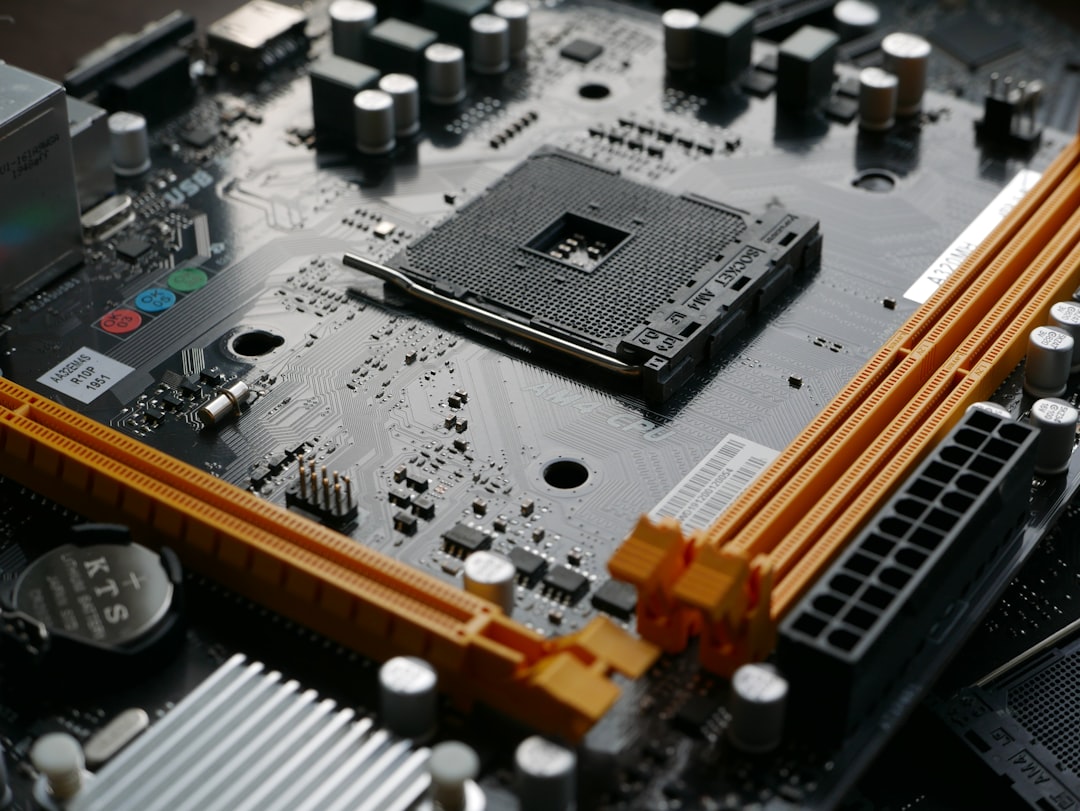 Close-up of a motherboard with a CPU chip