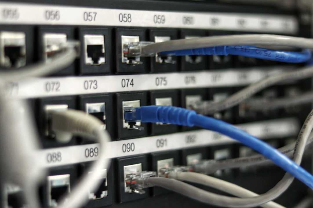Blue network cable connected to infrastructure hardware