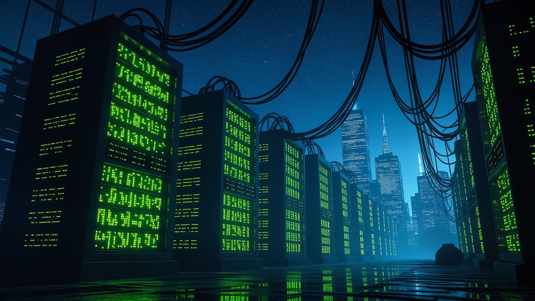 Futuristic data center cityscape with illuminated server infrastructure