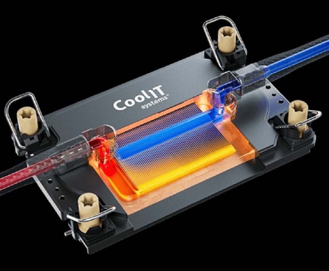 Liquid-cooled server rack in a modern data center with red and blue fluid lines
