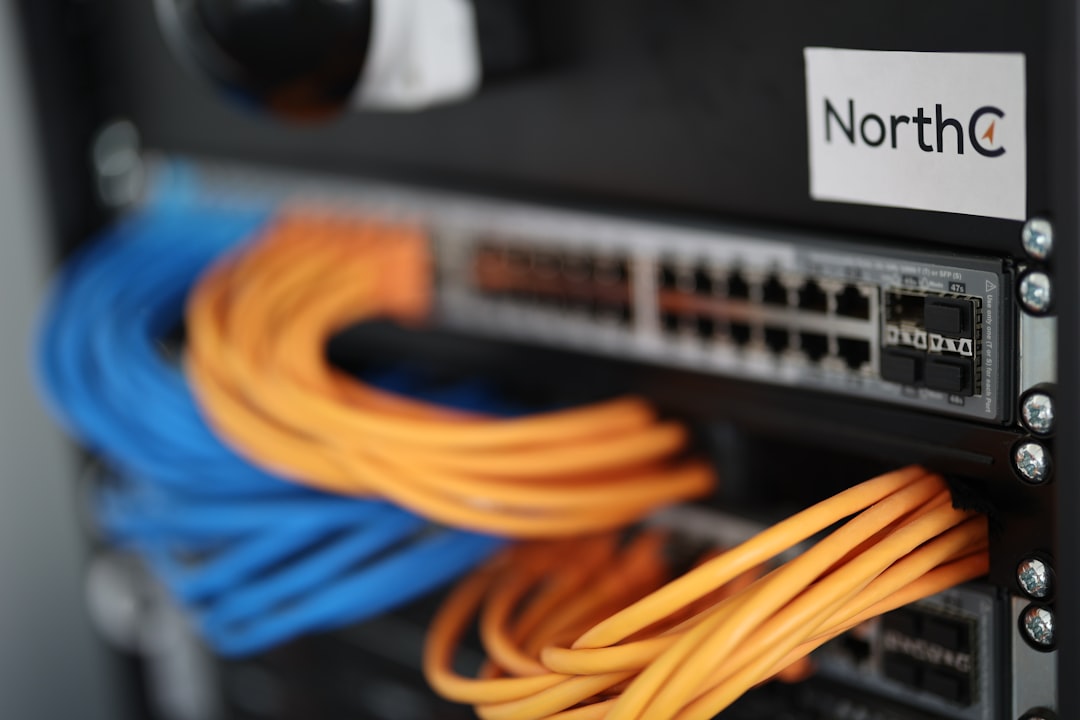 Close-up view of a network switch inside technical infrastructure