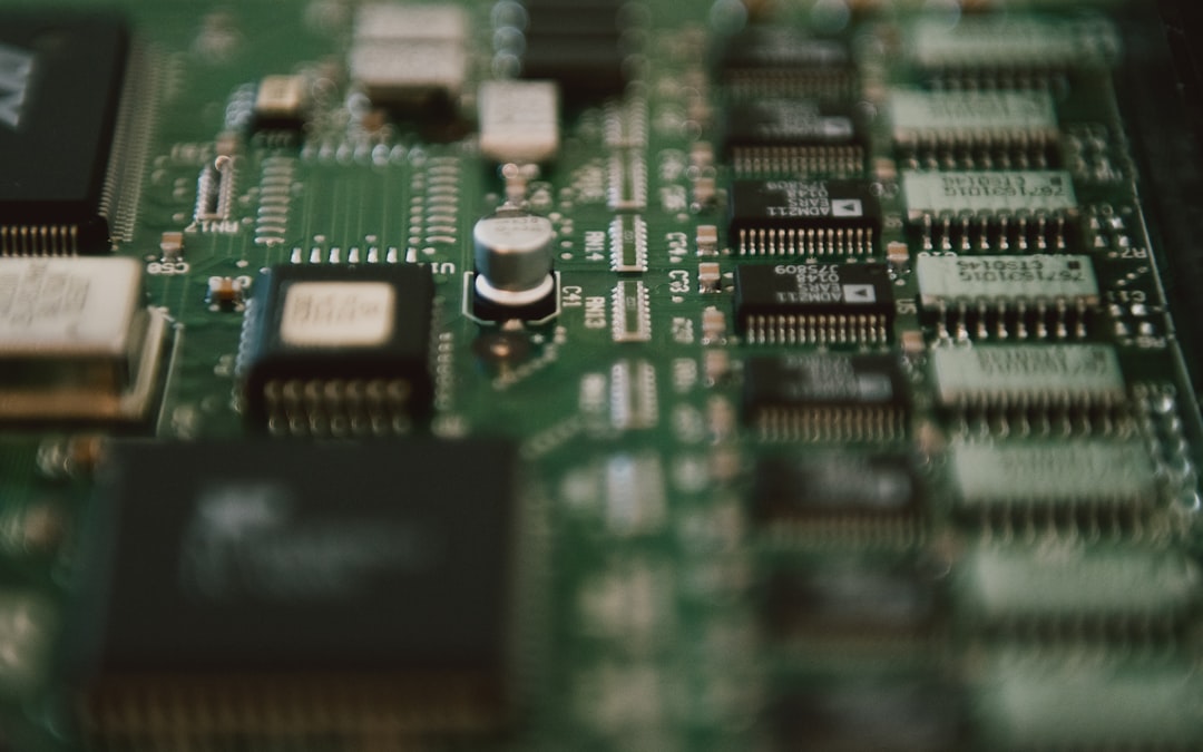 Close-up of a computer motherboard with intricate circuit pathways