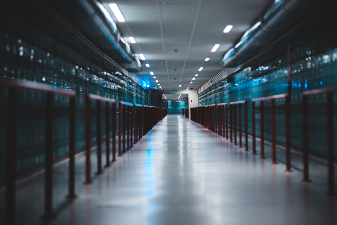 Empty lighted hallway in a data center facility